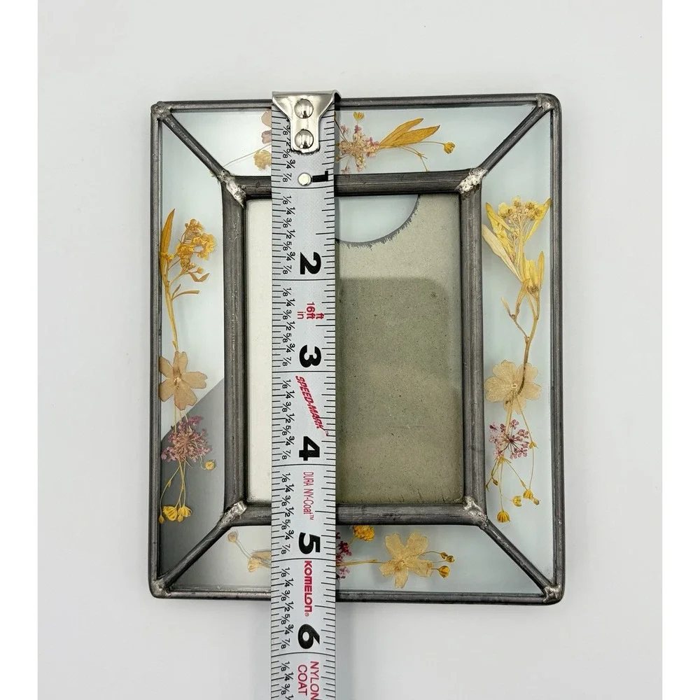 Vtg Stained Glass Picture Frame Real Pressed Flowers Boho Cottage Metal Solder